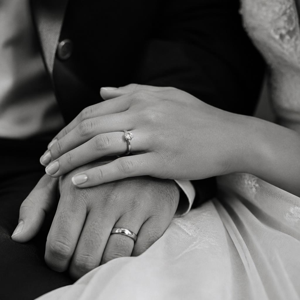 Mains du couple avec l'alliance de fiançailles